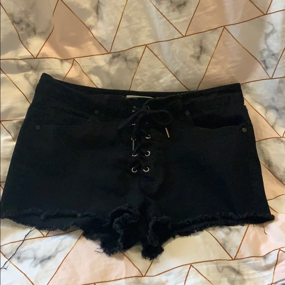 High waisted black lace up shorts